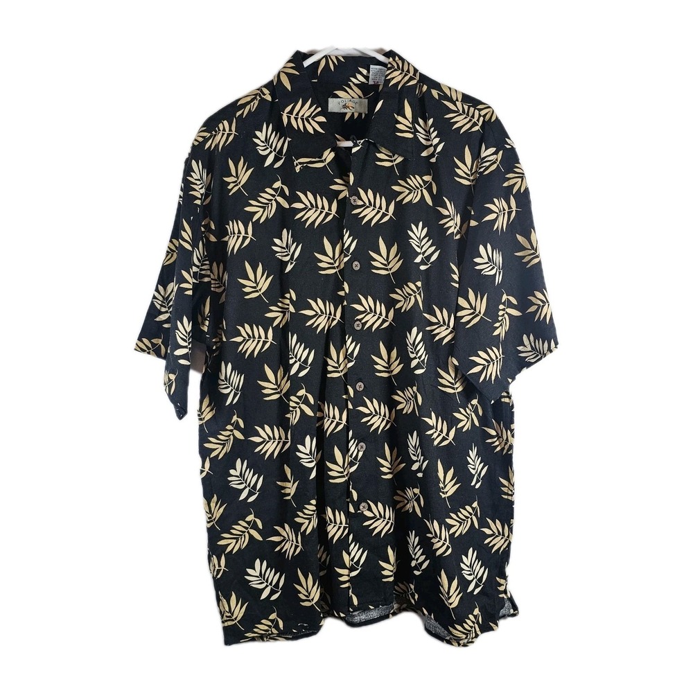 Foliage Black Beige Leaf Printed Linen‎ Blend Short Sleeve Button Up Mens XL
